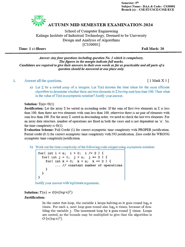 Autumn Mid Sem Question - Evaluation Scheme - 2024 - DAA | PDF