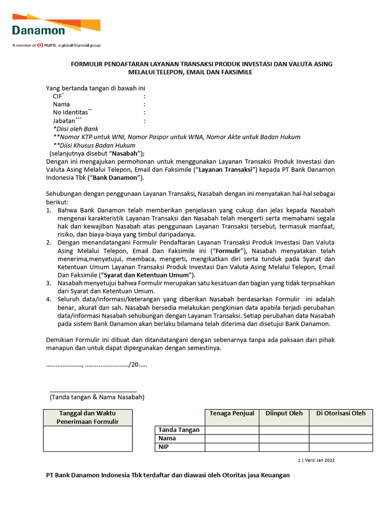 Formulir Registrasi Dan Syartum Layanan Transaksi PFE Mar 22 | PDF