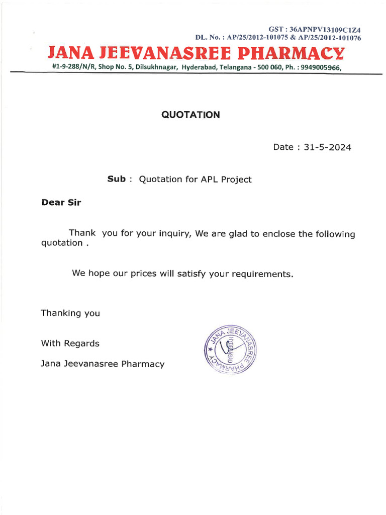 Qto - Apl - Jan Jeevanasree Pharmacy | PDF