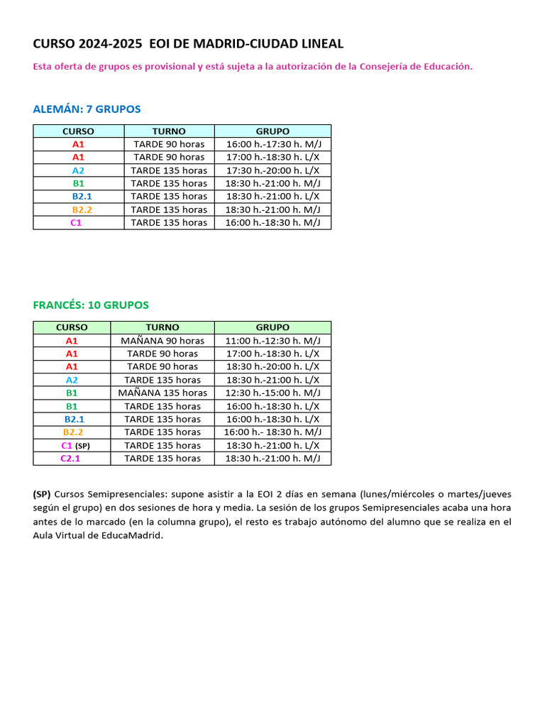 Oferta Idiomas 2024-2025 EOI Madrid | PDF | Estudios de idiomas extranjeros