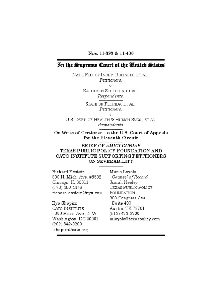 National Federation of Independent Business v. Sebelius, Cato Legal