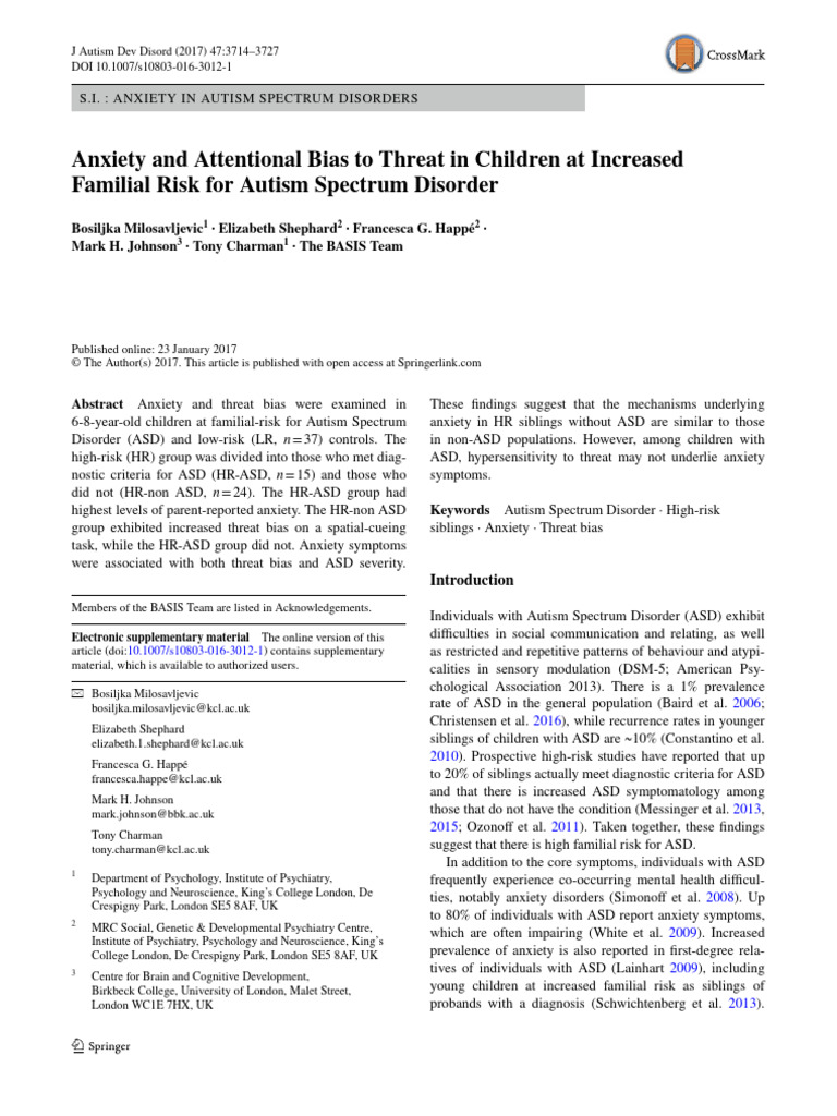 Anxiety and Attentional Bias To Threat in Children at Increased ...