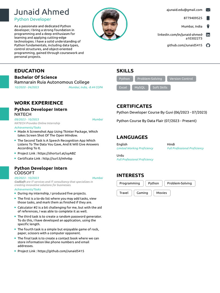 Junaid Ahmed BSC 2023 | PDF
