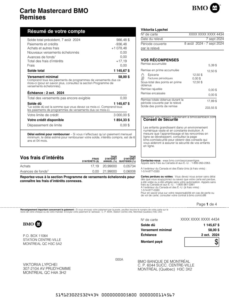 BMO Mastercard Statement Summary | PDF