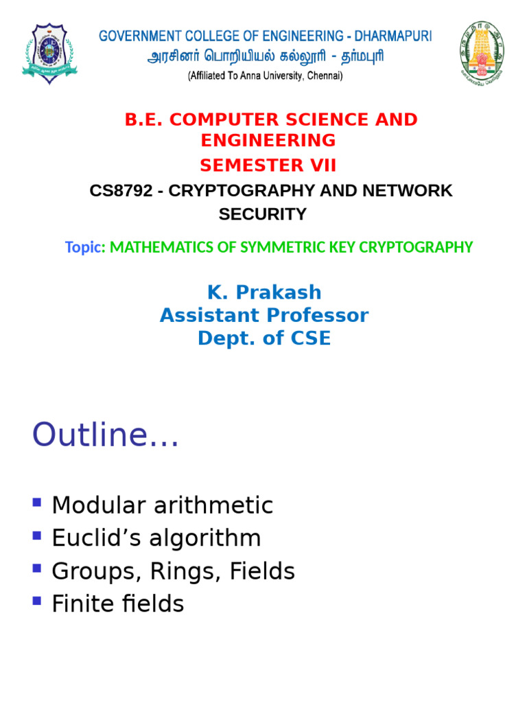Topic-1 MATHEMATICS OF SYMMETRIC KEY CRYPTOGRAPHY | PDF image.