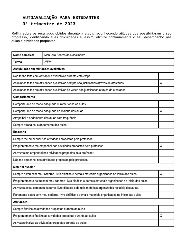 Cópia de FICHA DE AUTOAVALIAÇÃO | PDF