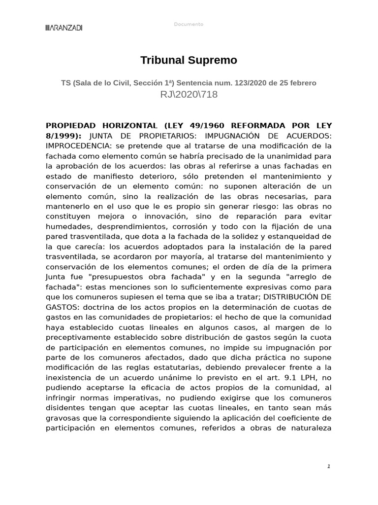 Jur - TS (Sala de Lo Civil, Seccion 1a) Sentencia Num. 123-2020 de 25