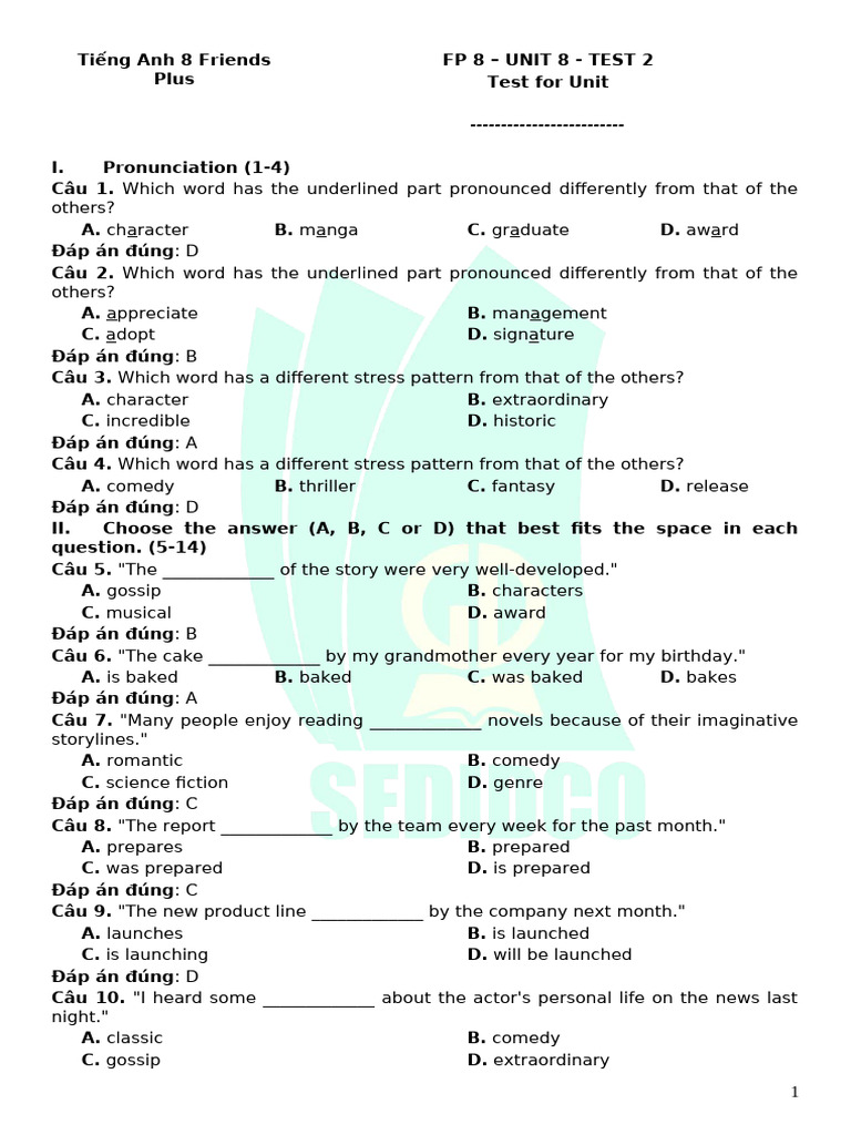 Bài ôn tập học kì II - Unit 8 - Test 2 (key) - English plus 8 | PDF
