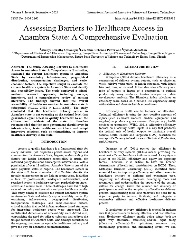 Barriers to Healthcare Access in Anambra | PDF | Student's T Test ...