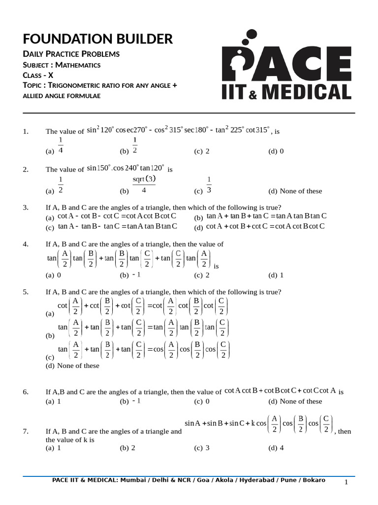 Allied Angle Formula Practice Class X | PDF | Triangle | Trigonometry