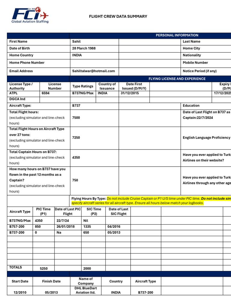 Flight Crew Summary Form - Captain - Turkish Airlines | PDF