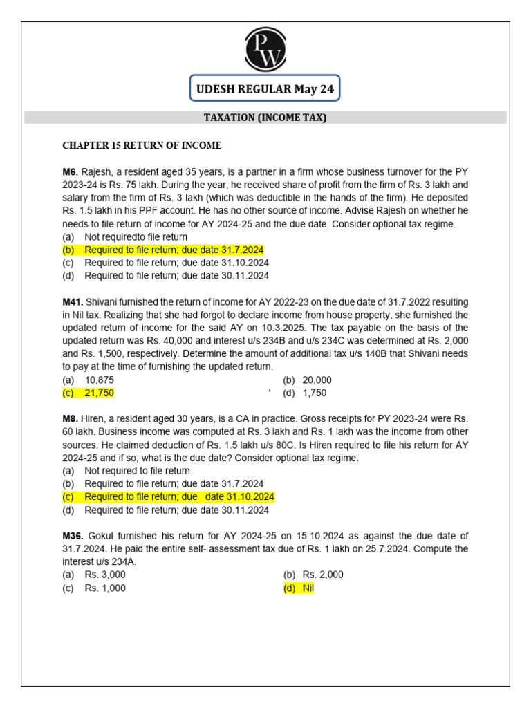 MCQ's - Return of Income | PDF