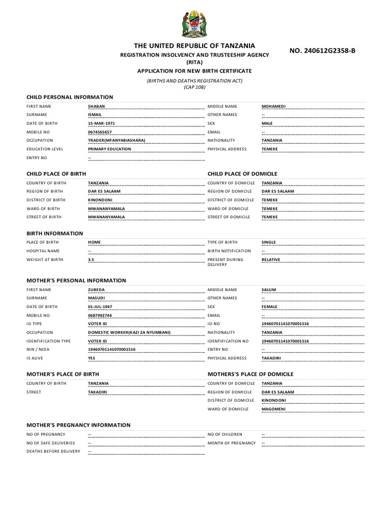 Tanzania Birth Certificate Application | PDF | Authentication | Elections