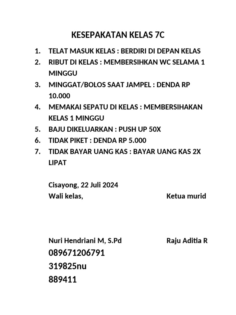 Kesepakatan Kelas 7C | PDF
