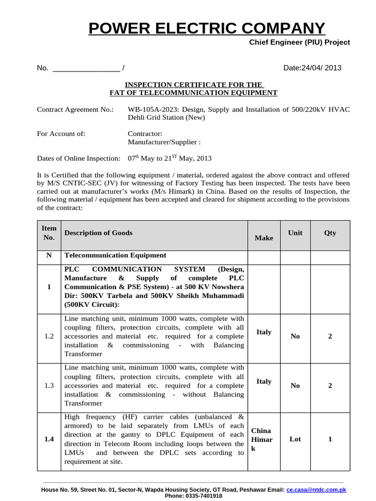 Telecom Equipment Inspection Certificate Format | PDF | Electrical ...