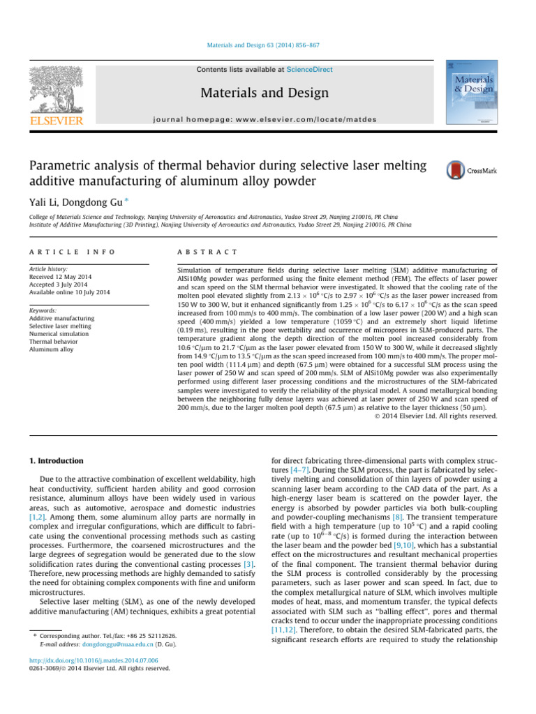 Parametric Analysis of Thermal Behaviour During Selective Laser Melting ...
