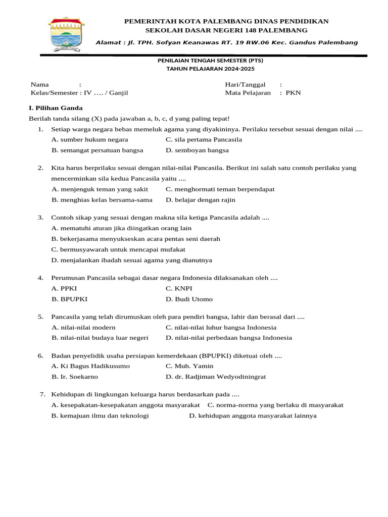 SOAL PTS PANCASILA KLS 4 Ok | PDF