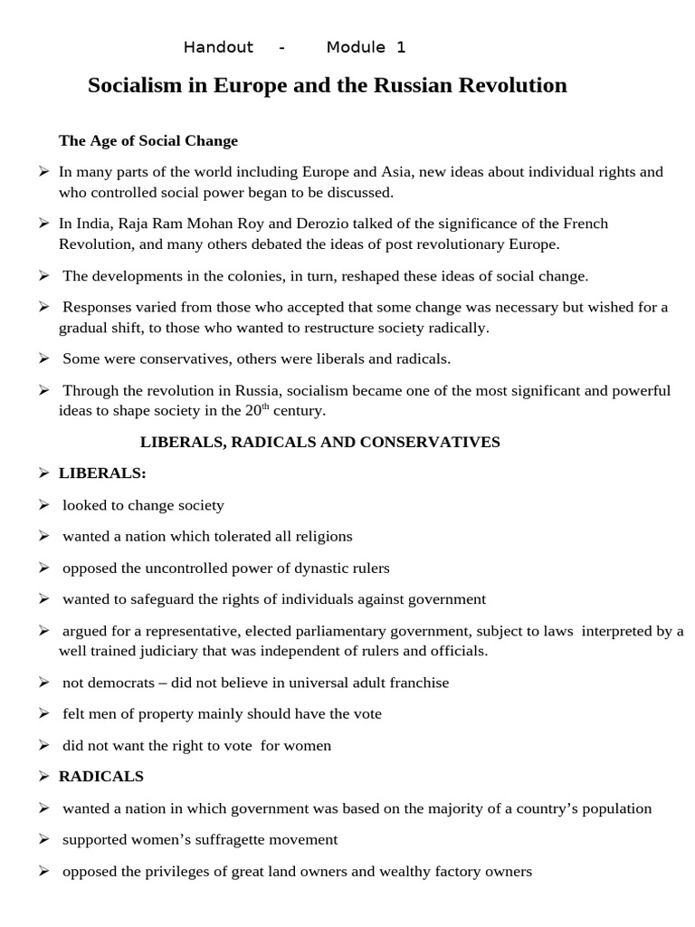 Ix His L02 M01 Socialism in Europe and The Russian Revolution Handout | PDF