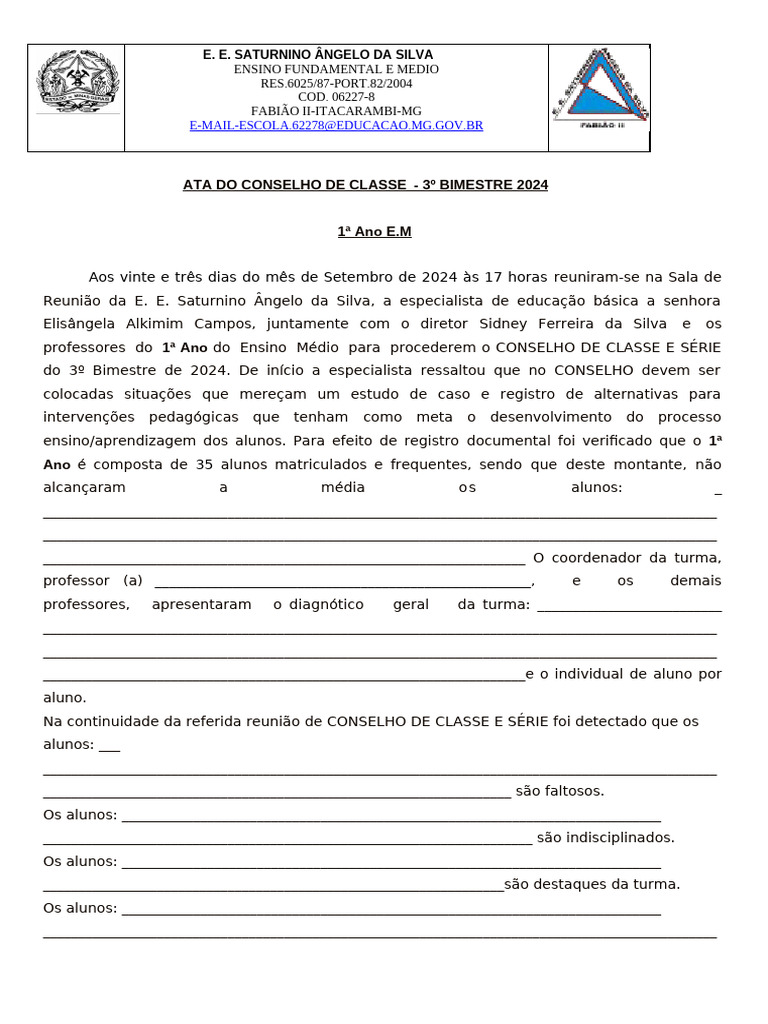 Ata do Conselho de Classe - 3º Bimestre 2024 | PDF | Pedagogia ...
