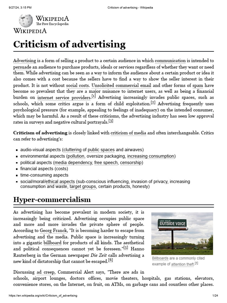 Criticism of Advertising - Wikipedia | PDF | Advertising | Politics