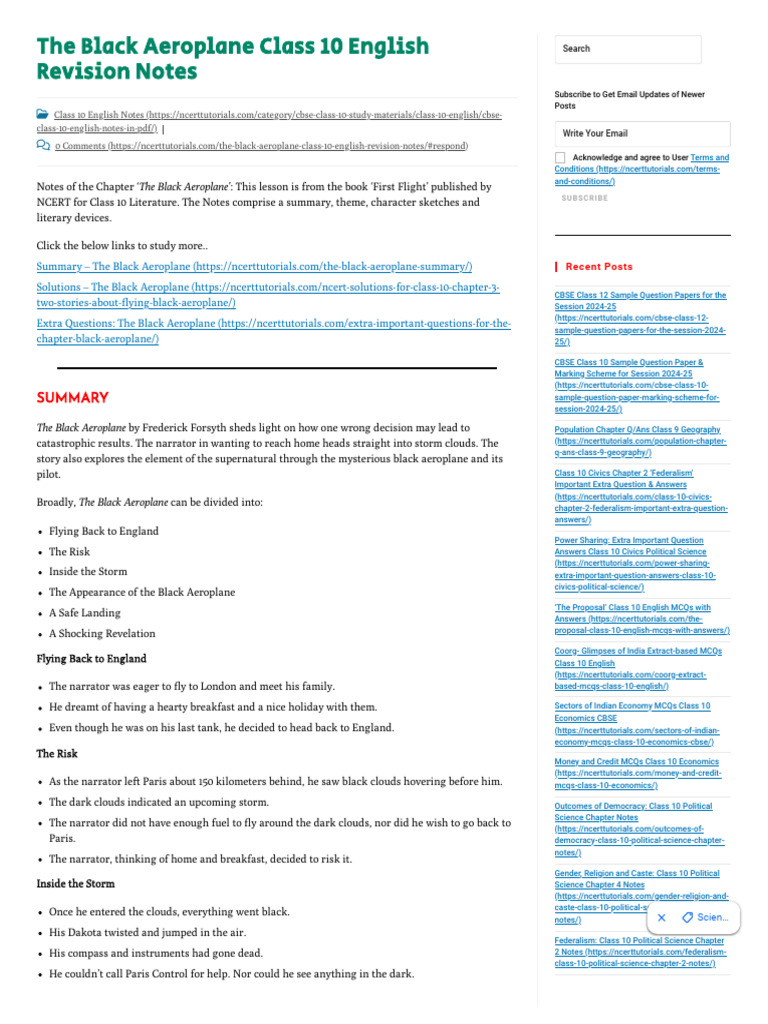 Summary Of Chapter The Black Aeroplane Class 10th