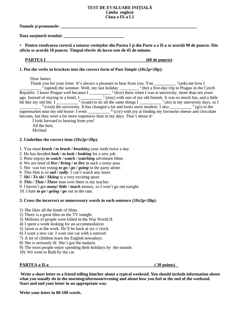 Test de Evaluare Inițială A IX A NR 1 | PDF