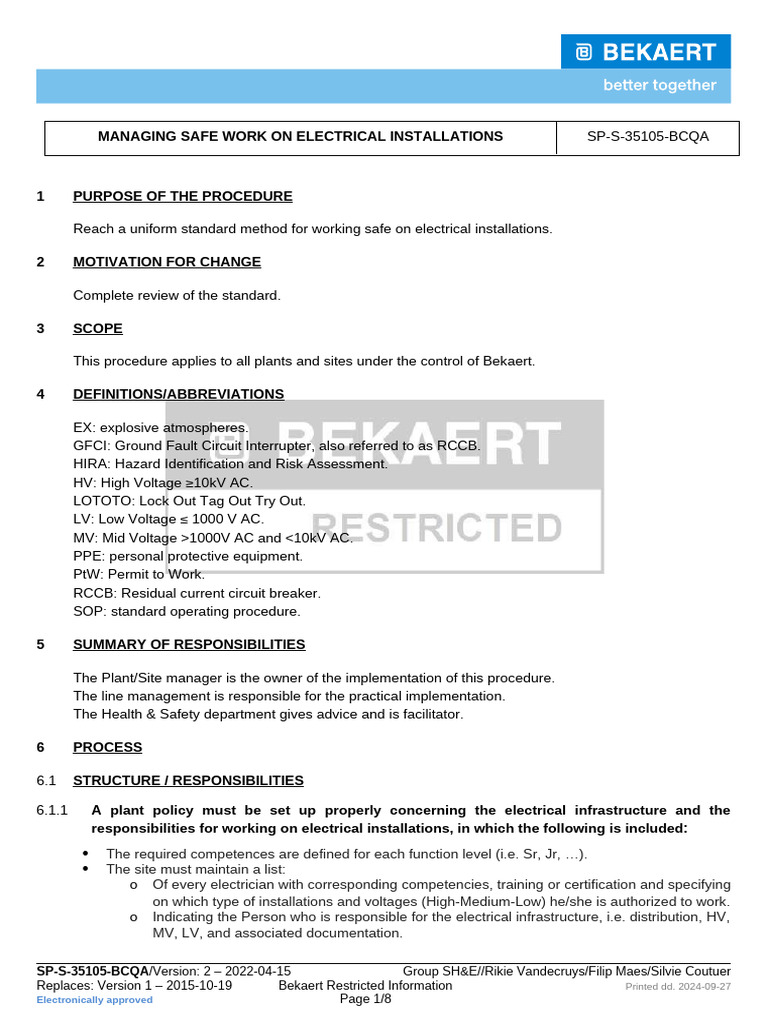 Safe Work Procedures for Electrical Installations | PDF | High Voltage ...