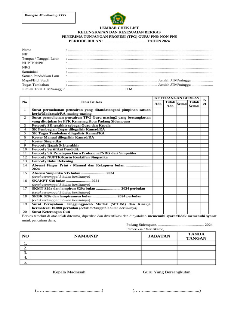 Monitoring TPG Lembar Chek List TPG | PDF