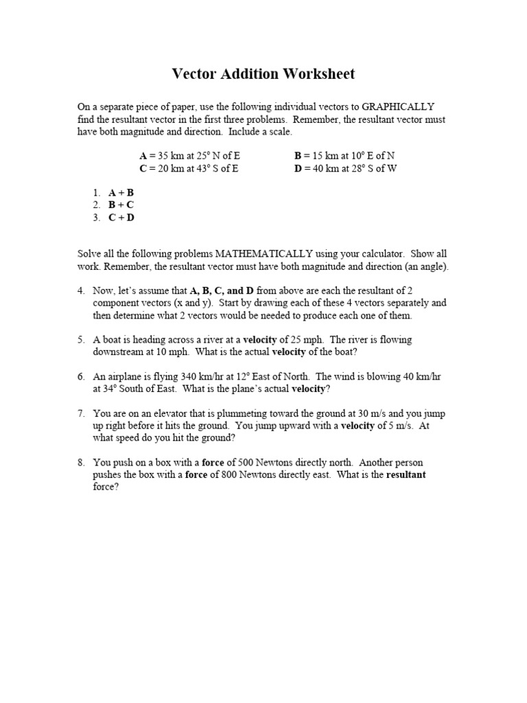 Vector Addition Worksheet | PDF