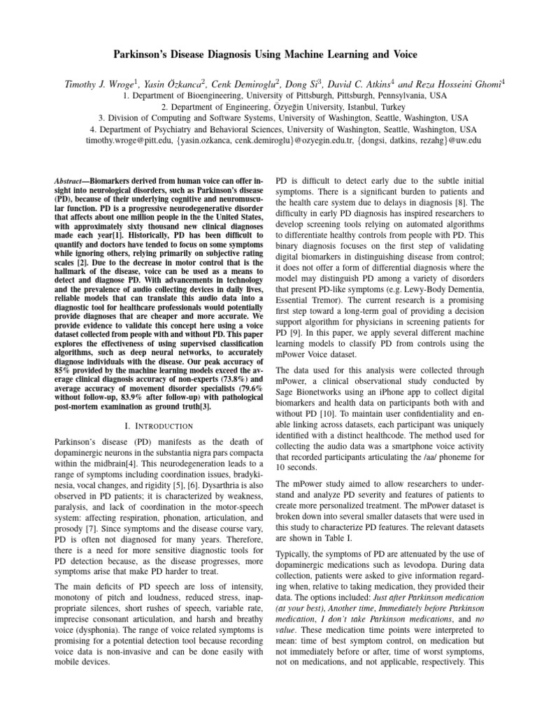Parkinsons Disease Diagnosis Using Machine Learning and Voice | PDF