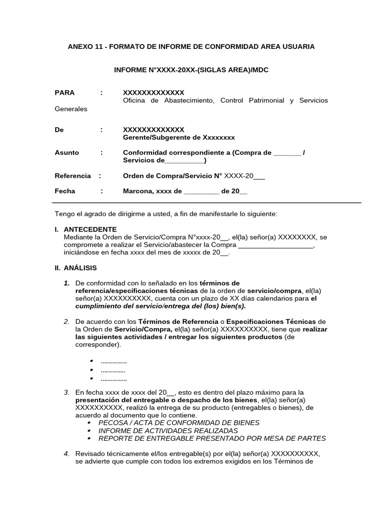 Anexo 11 - Formato de Informe de Conformidad Area Usuaria | PDF