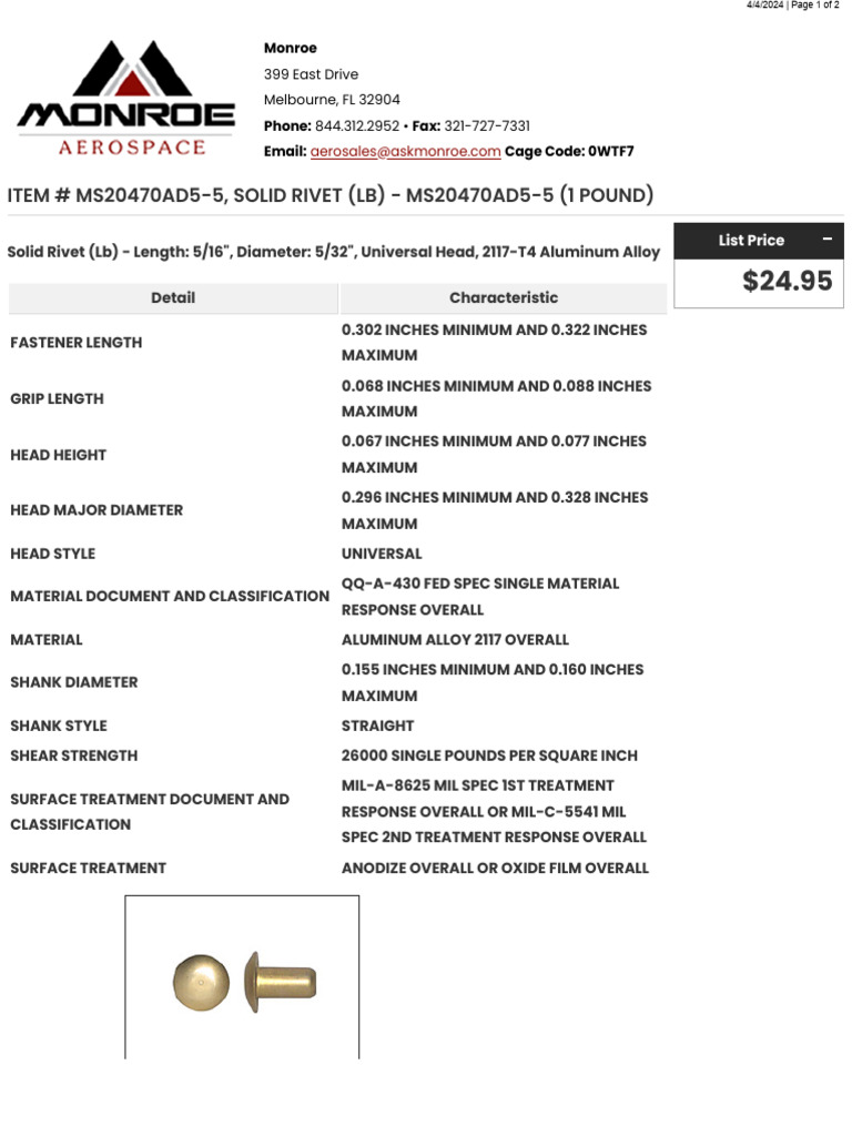 MS20470AD5 5 SolidRivet (LB) MS20470AD5 5 (1pound) | PDF