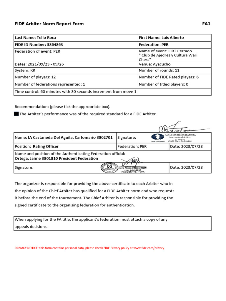 FIDE Arbiter Norm Report Form FA1: Last Name: Tello Roca First Name ...