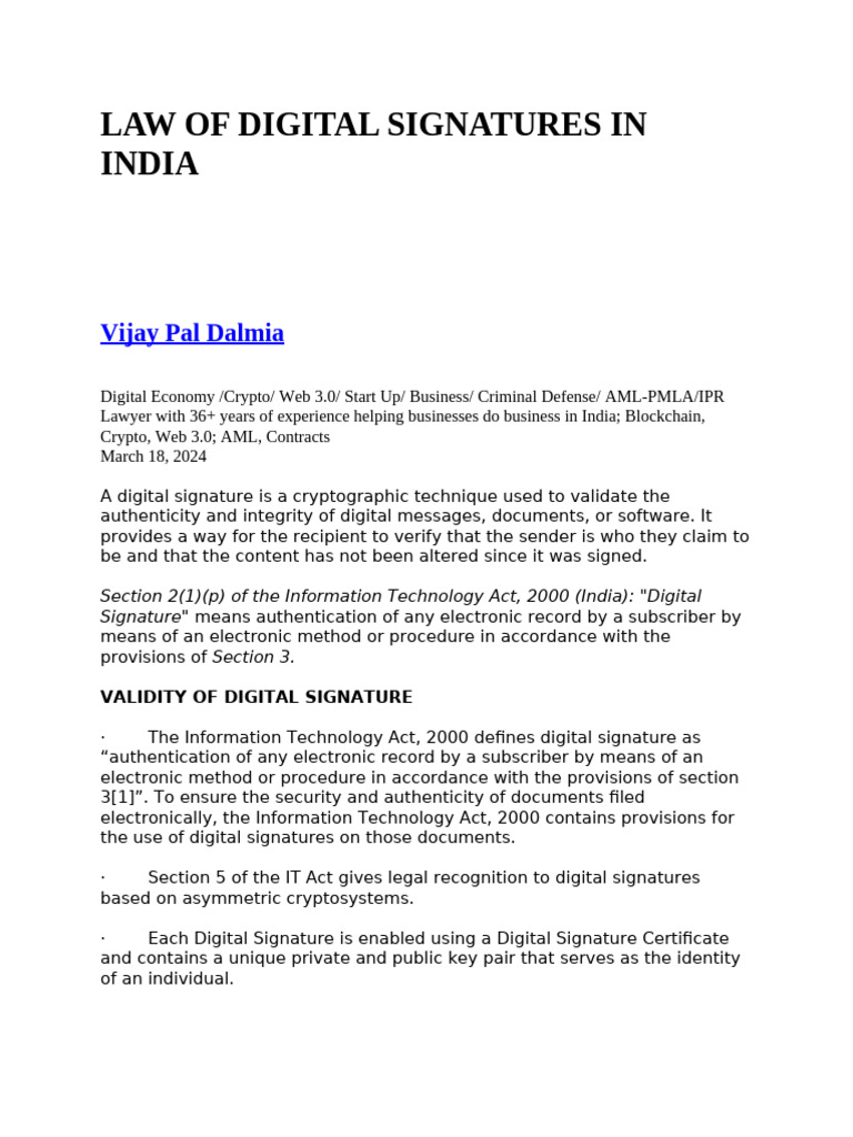 Law of Digital Signatures in India | PDF | Public Key Cryptography | Public  Key Certificate