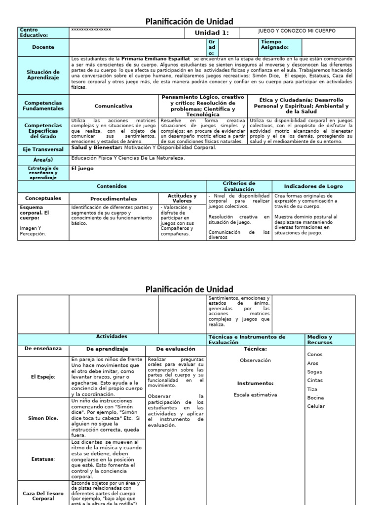 Esquema de La Planificación de Unidad | PDF | Evaluación | Aprendizaje