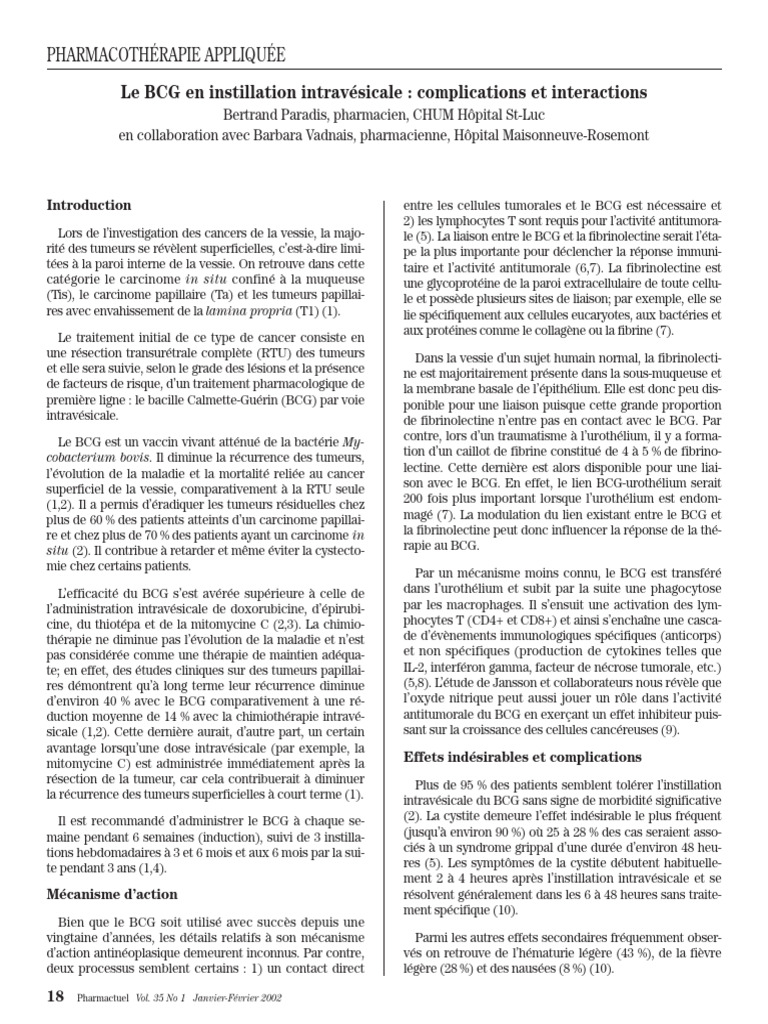 Instillation intravésicale de BCG : effets et risques | PDF ...