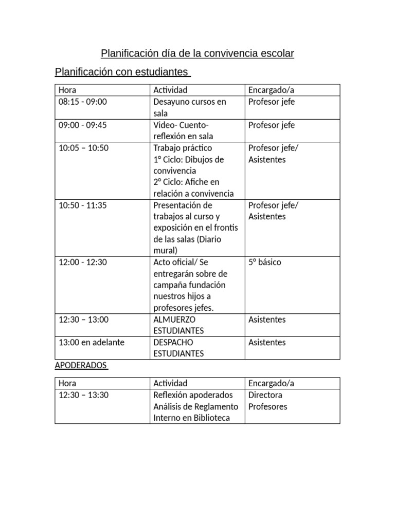 Planificación Día de La Convivencia Escolar | PDF