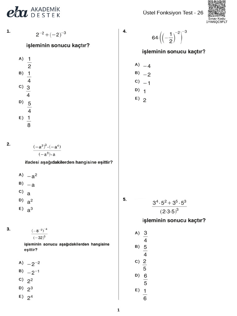 Üstel Fonksiyon Test 26 | PDF