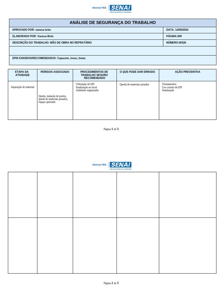MODELO DE ANÁLISE DE SEGURANÇA DO TRABALHO - AST | PDF
