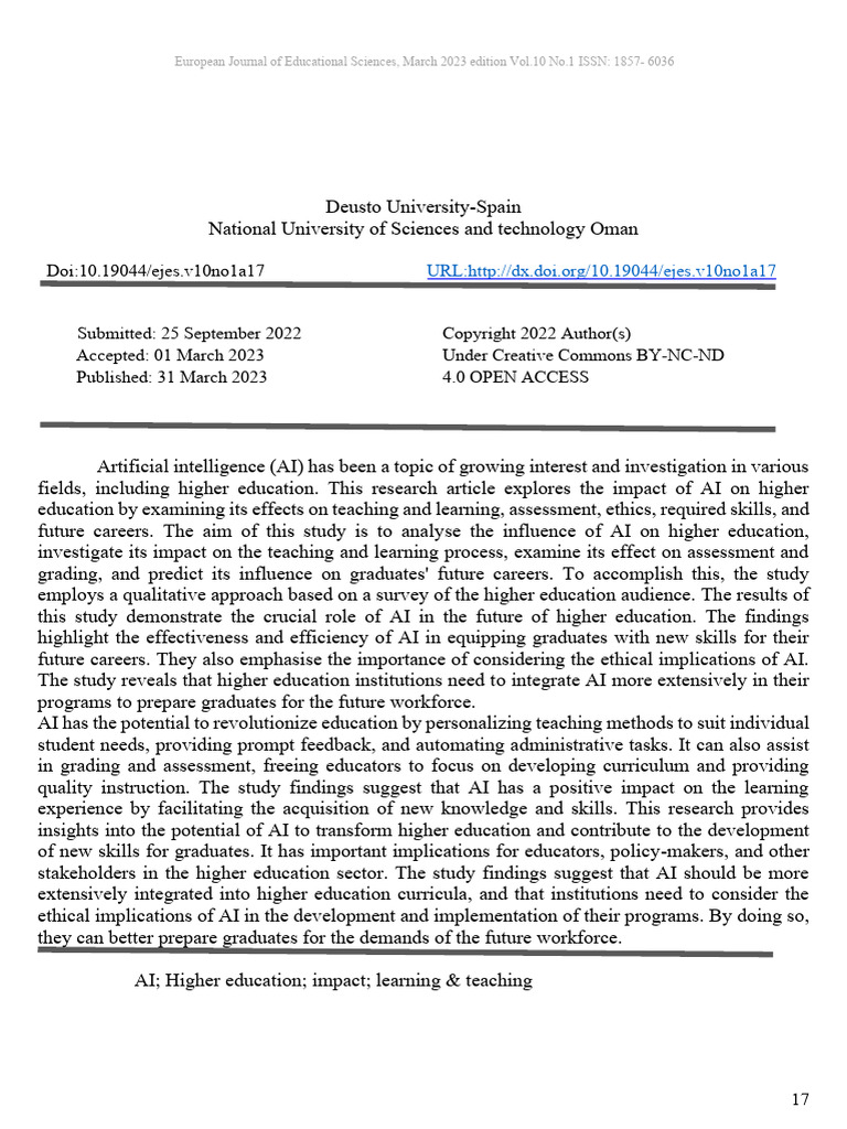 The Impact of Artificial Intelligence On Higher Education | PDF