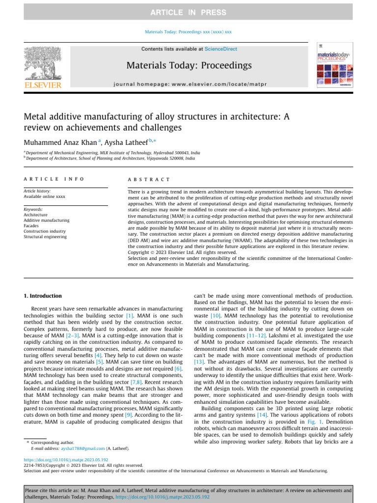 Metal Additive Manufacturing of Alloy Structures in Architecture, A ...