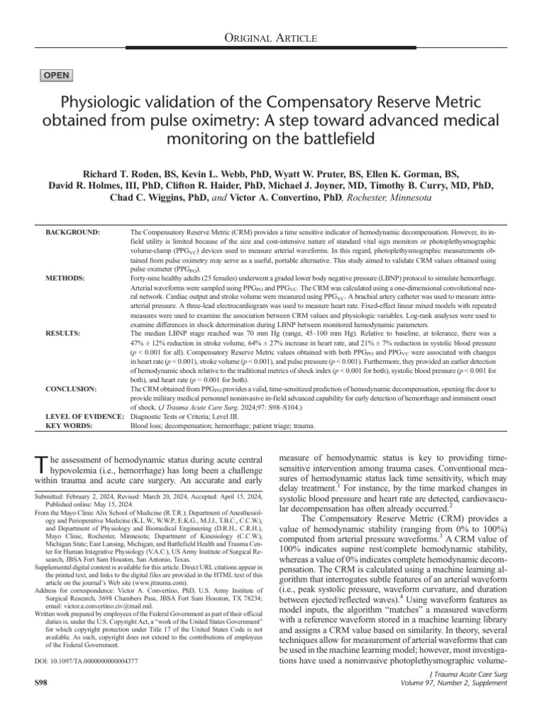 Validating Compensatory Reserve Metric via Pulse Oximetry | PDF | Blood ...