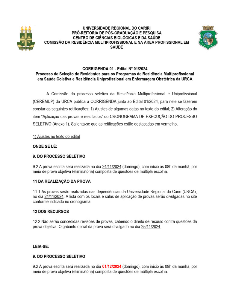 Corrigenda 01 - Edital-01 2024 | PDF