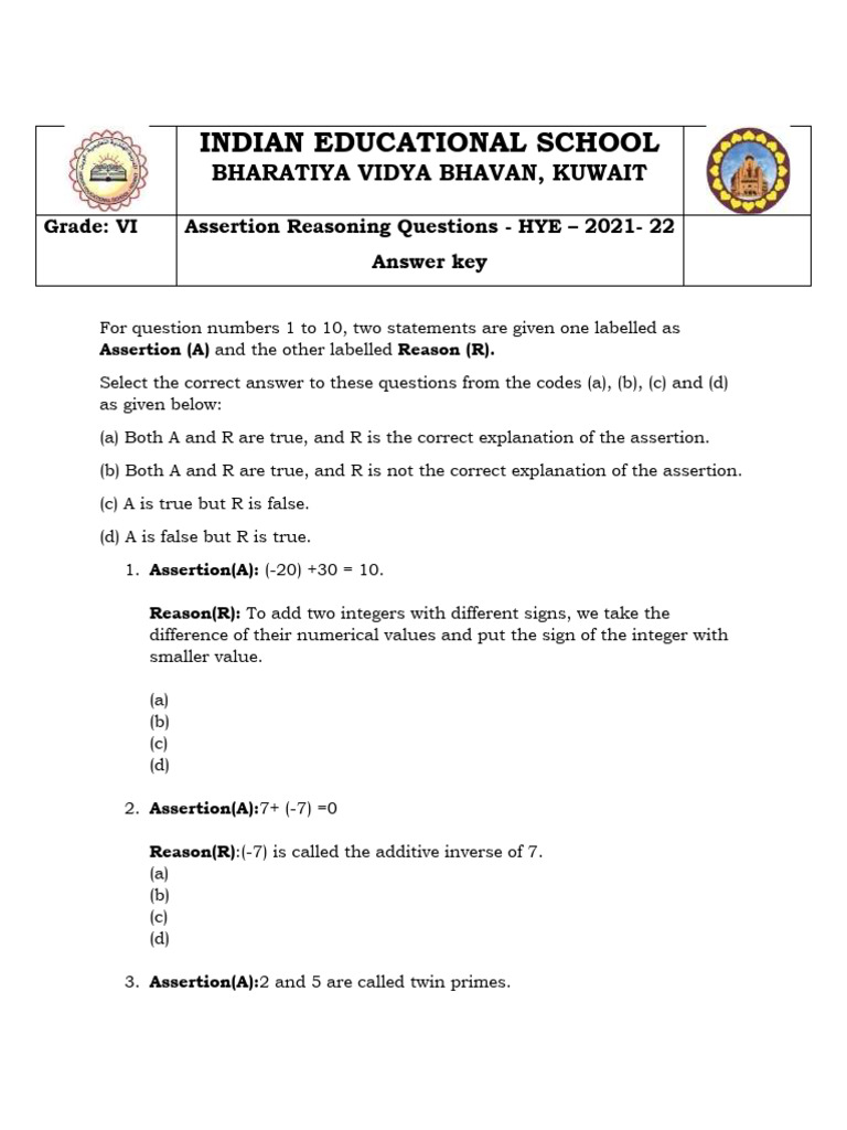 Class 6 - Assertion Reasoning Questions | PDF | Teaching Methods ...