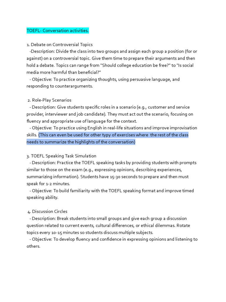 TOEFL Conversation Activities Guide | PDF | Test Of English As A ...