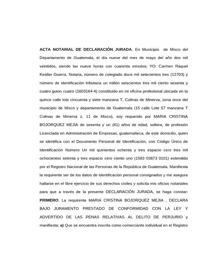 Acta Notarial de Declaración Jurada | PDF | Guatemala
