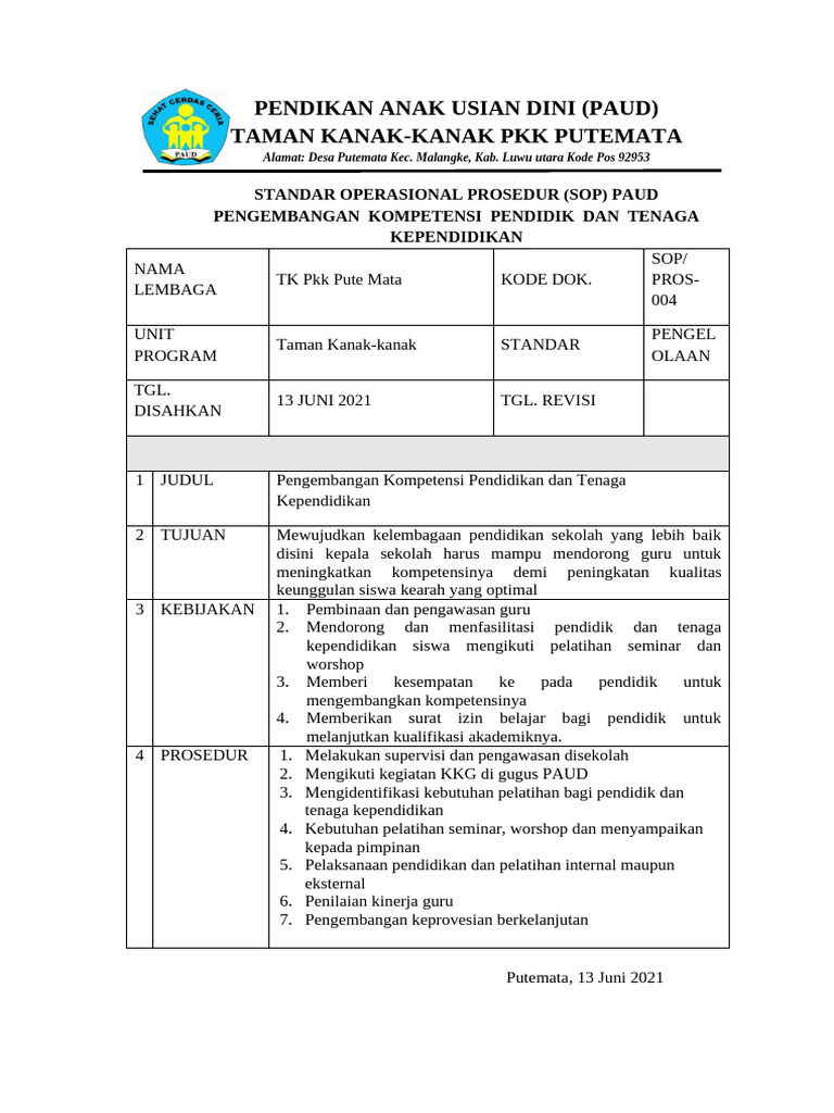 (Sop) Pengembangan Kompetensi Pendidik Dan Tenaga Kependidikan | PDF