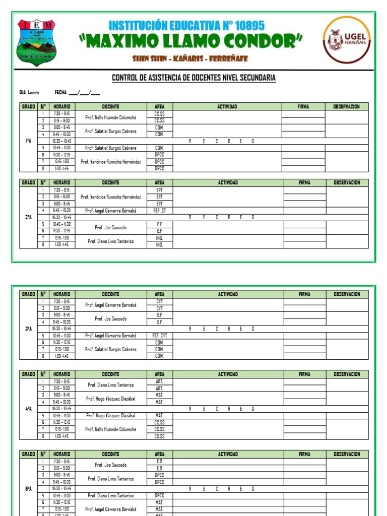 Control De Asistencia De Docentes Nivel Secundaria Pdf