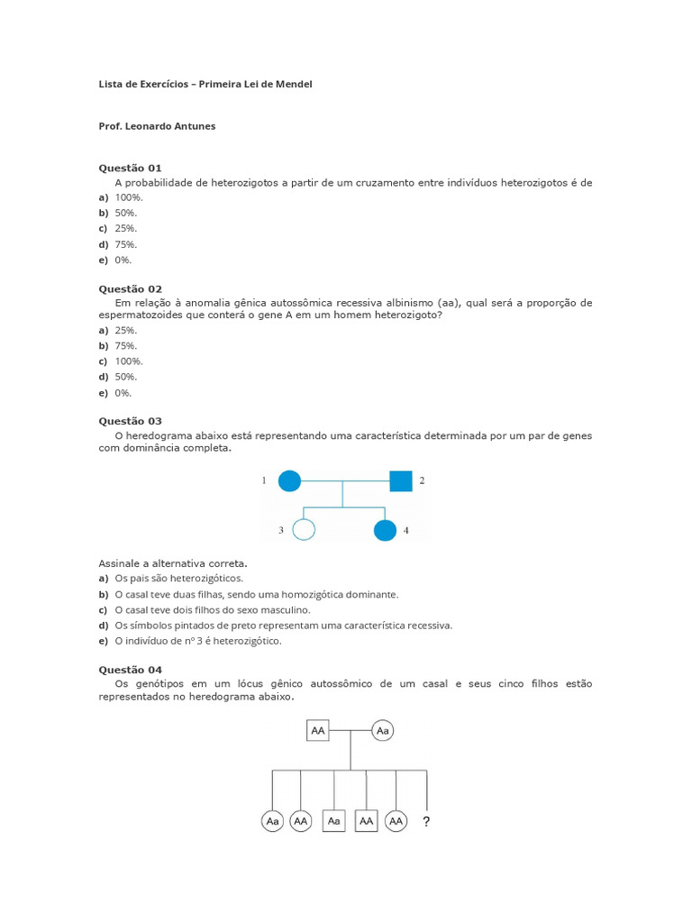 20º Lista de Exercícios - Primeira Lei de Mendel | PDF