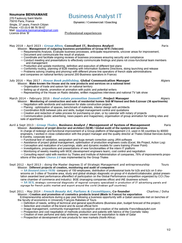 CV Business Analyst Bennamane | PDF